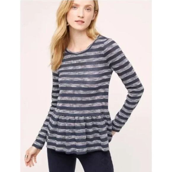 ANTHROPOLOGIE Postmark Women’s Blue Striped Pullover Peplum Knit Top - Picture 1 of 4